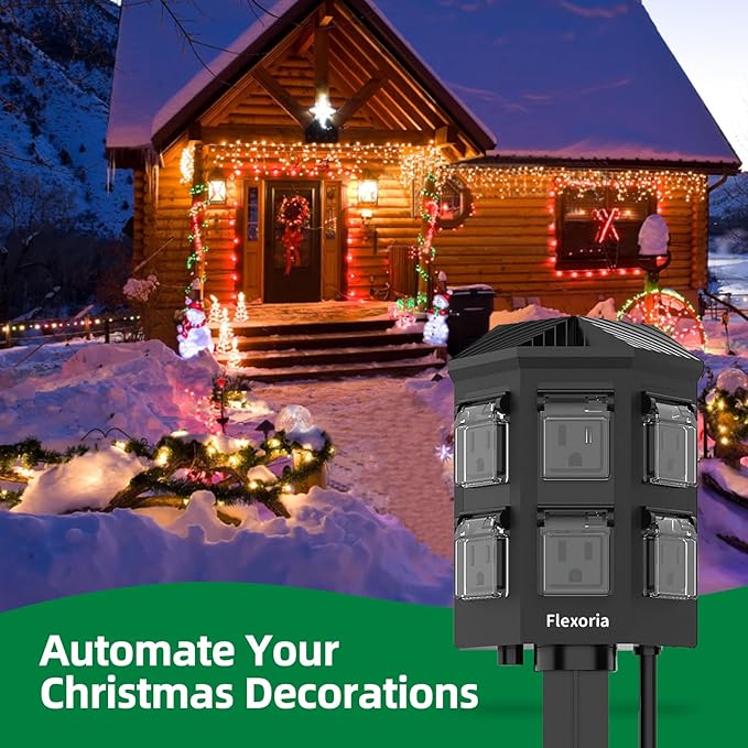 Outdoor Power Strip Timer Waterproof, Dusk to Dawn Light Sensor Countdown, 25 Feet Extension Cord, 6 Grounded Outlets for Halloween and Christmas Decorations, ETL Listed