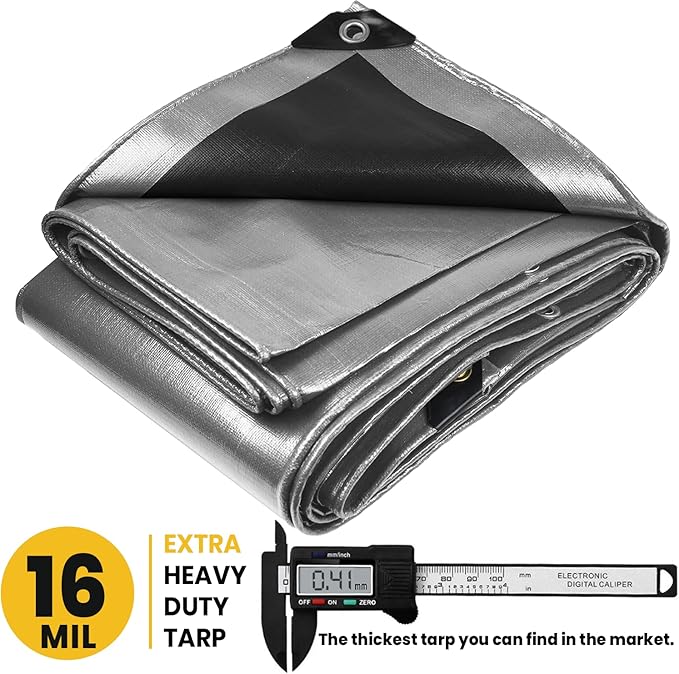 PROTARP Extra Heavy Duty 16 Mil Tarp Cover, Waterproof, UV Resistant, Rip and Tear Proof, Poly Tarpaulin with Reinforced Edges for Roof, Camping, Patio, Pool, Boat. (Silver/Black 24′ X 50′)