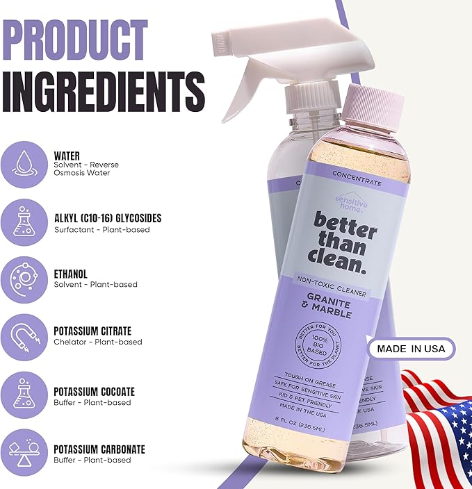 Better Than Clean™ Marble & Granite Cleaner Starter Pack – Natural Stone Cleaner for Granite, Marble, Quartz, – Plant-Based, Fragrance Free, Non-Toxic – 8oz Concentrate + 16oz Empty Refillable Bottle