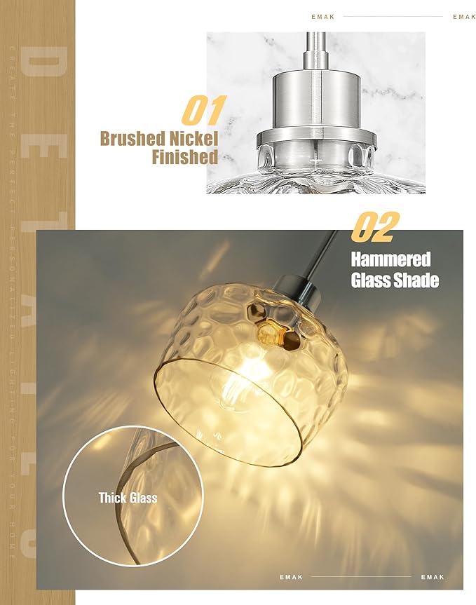 Emak Brushed Nickel Pendant Light Fixtures, 8 Inch Hammered Glass Pendant Lights Kitchen Island, Modern Hanging Light Fixture for Kitchen,Dining Room, Bathroom, PL122-BN-HG