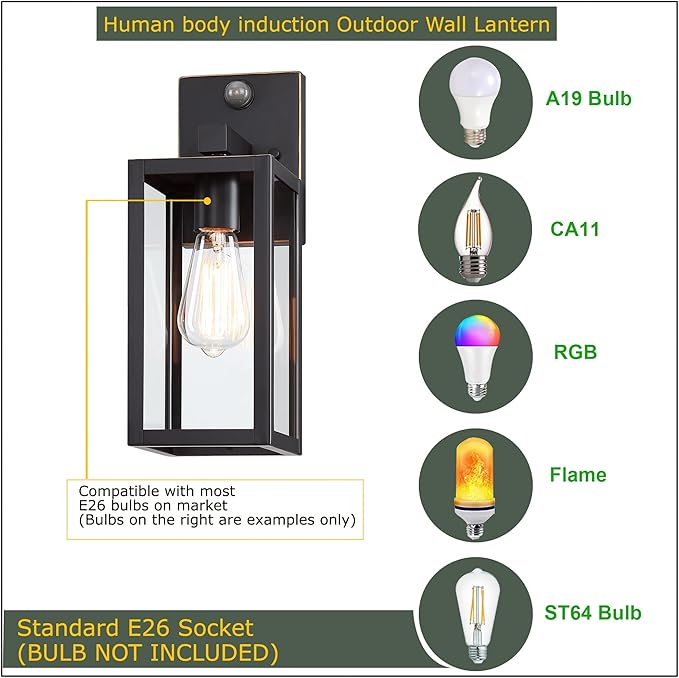 GRUENLICH Dusk to Dawn Large Outdoor Wall Lantern, PIR Motion Sensor Wall Sconce, E26 Base Max 60W, Metal Housing Plus Glass, Oil Rubbed Bronze Finish, Bulb Not Included, 1-Pack