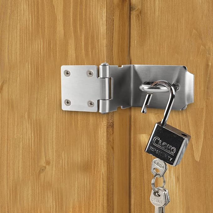 HOWDIA 4 Inch Door Lock Latch Padlock Hasp Set, 90 Degree Latch Lock with Screws and Padlock Stainless Steel Safety Right Angle Padlock Hasp Latch Security Door Clasp Hasp for Shed/Gate/Storage Lock