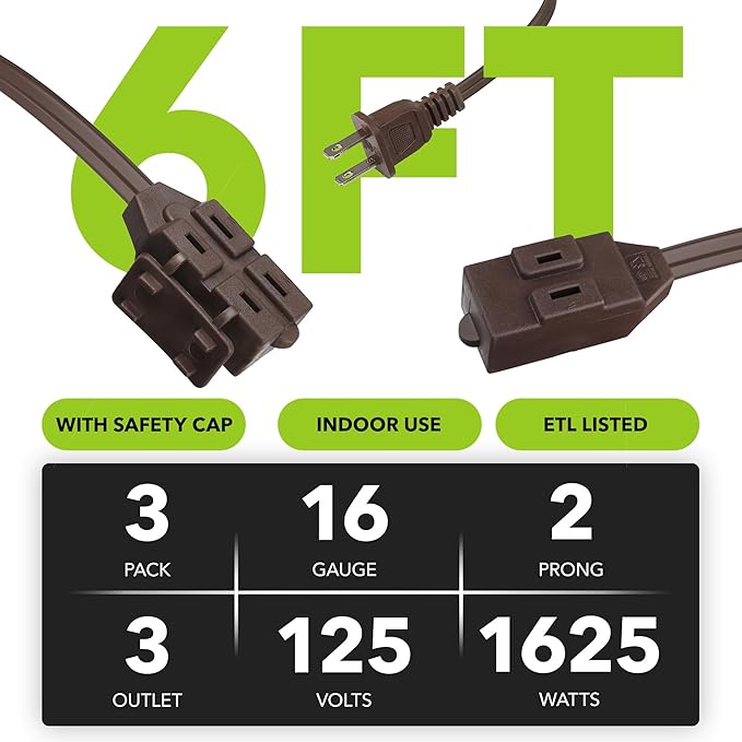 HBN Indoor Extension Cord 6ft 3 Pack Brown, 3 Outlets with Safety Cap Included, 2 Prong Polarized Plug, Perfect for Homes, Offices, and Kitchens
