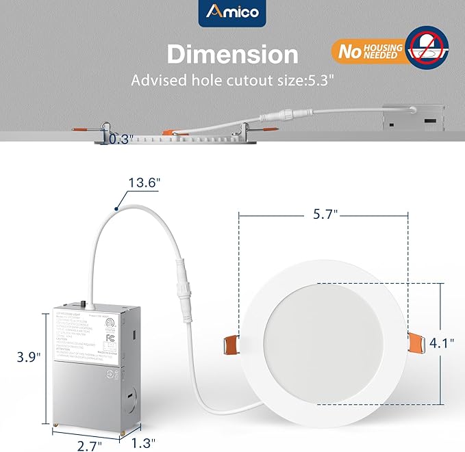 Amico 12 Pack 5 Inch 5CCT Ultra-Thin LED Recessed Can/Ceiling Light with Junction Box, 900LM High Brightness, Dimmable Wafer Downlight, 11W, ETL&FCC
