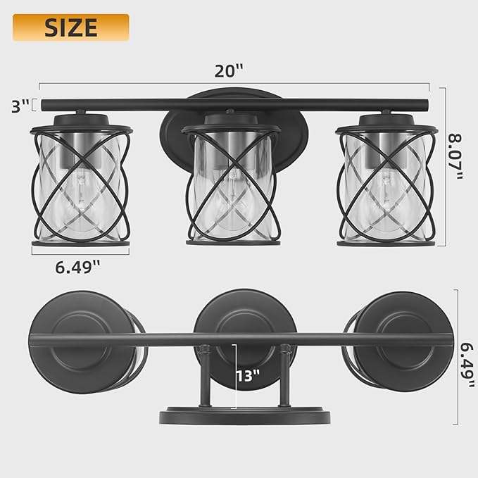 MAVCADONF 3-Lights Matte Black Cage Shade Modern Bathroom Vanity Light Fixtures Over Mirror, Bathroom Wall Lamp for Mirror, Kitchen, Bedroom