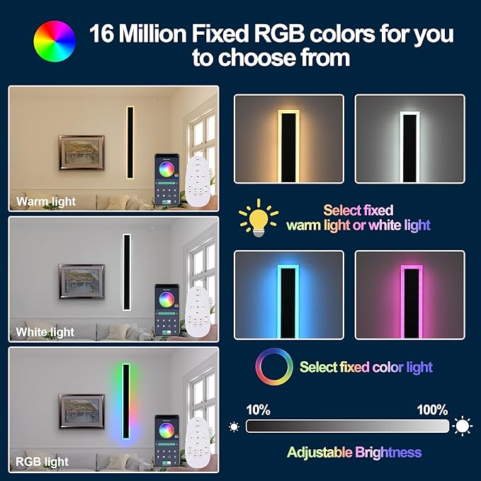 MELUCEE 2 Packs 24in Long Outdoor RGB LED Wall Lights, 5.1in Wide Exterior Wall Light Fixtures Black Dimmable Long Strip Wall Sconce with Remote Control for House Garage Patio Porch, IP65 Waterproof