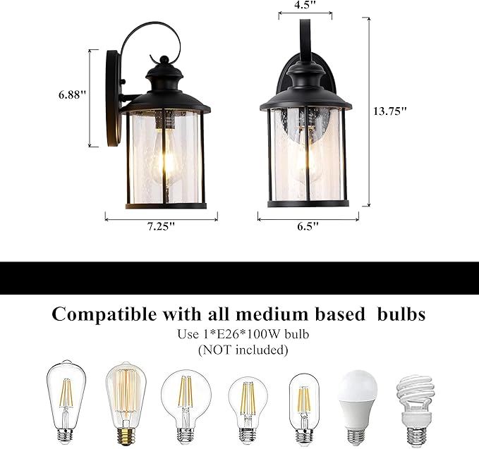 MICSIU Matte Black Outdoor Porch Light Wall Mount, Clear Seedy Glass Exterior Wall Sconce Lighting, 13.75 Inch Outside Light Fxture for House, Entryway, Doorway, Pathway