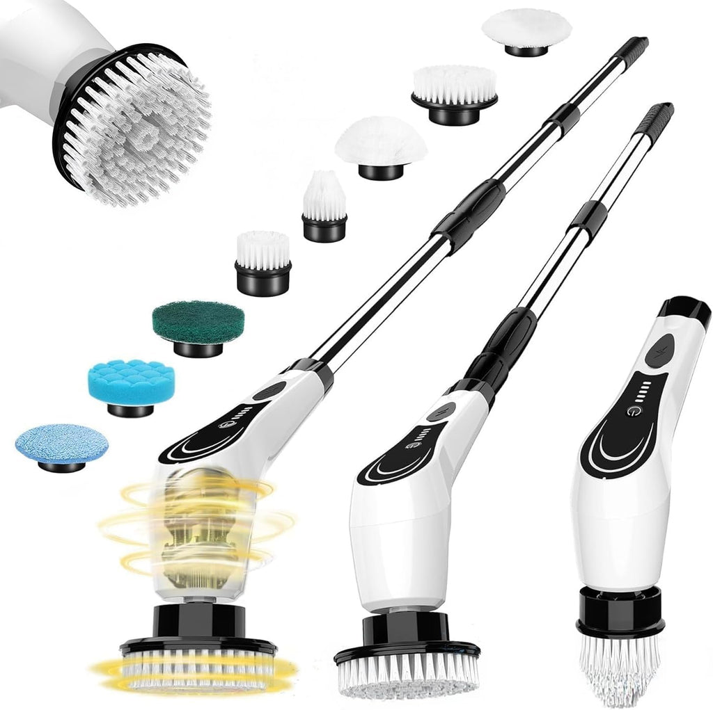 Electric Spin Scrubber with 8 Brush Heads, Extension Handle and 2 Speeds for Beginner, Teens.White-o1.