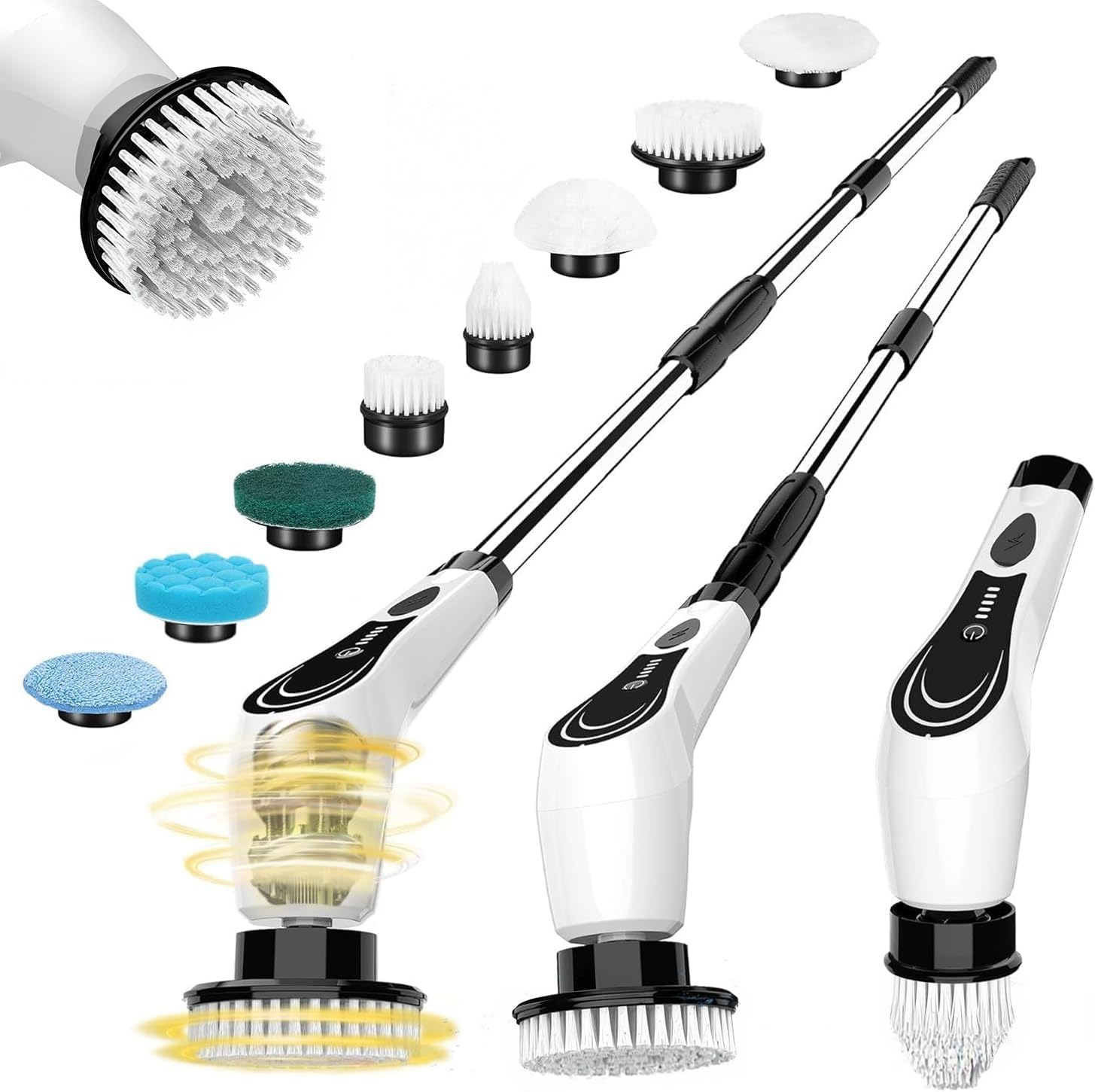 Electric Spin Scrubber with 8 Brush Heads, Extension Handle and 2 Speeds for Beginner, Teens.White-o1.