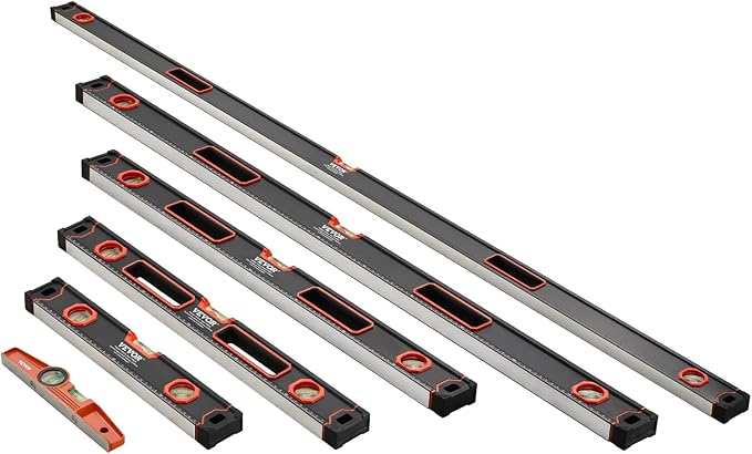 VEVOR 6-Piece Torpedo Level, 78/48/32/24/16/10 Inch Box Levels Set, Bubble Vials Ruler for 45/90/180 Degree, Shock-Proof Aluminum Alloy Magnetic Leveler Tool, SAE/Metric Scale(Only 10-inch has magnet)