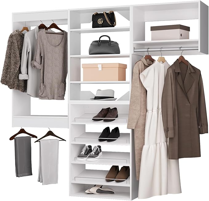 ROOMTEC Modular Closet System, 60" Wall Mounted Modern Closet Organizer with Hanging Rods and Shoe Shelf, Wooden Tower for Walk-In Closets, Wardrobe Storage Kit, White