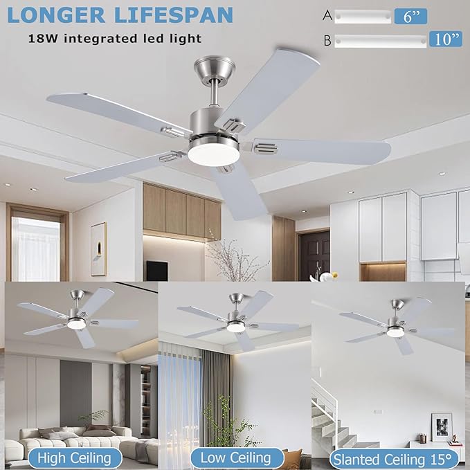 52inch Ceiling Fans with Lights and Remote/App Control, Double-Side Blades, Dimmable LED, Reversible DC Motor, Noiseless, Modern Low Profile Ceiling Fan for Indoor/Outdoor Use (Nickel)