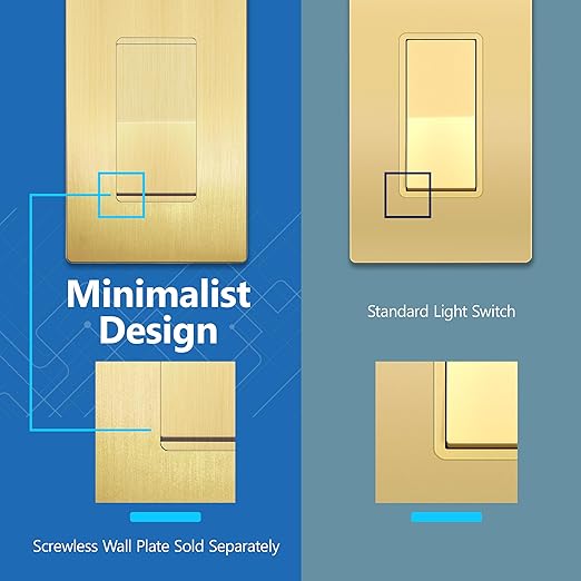 LIDER Brushed Gold Minimalist Design Decorator Switch, Frameless Paddle Wall Light Switch, On/Off Rocker Switch, Single Pole, Residential Grade, UL Listed, 3 Wire, 15A 120-277VAC