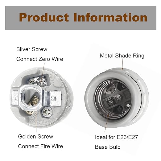 E26 Socket,Ceramic Medium Base Screw Socket E26 E27 Threaded Glazed Porcelain Lampholder (with Aluminum Shade Ring)