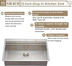 SHACO 33x22 Inch Drop In Kitchen Sink, 33 Inch All In One SUS304 Stainless Steel Top Mount Single Bowl Overmount Double Ledges Workstation Sink with Accessories, Brushed Nickel
