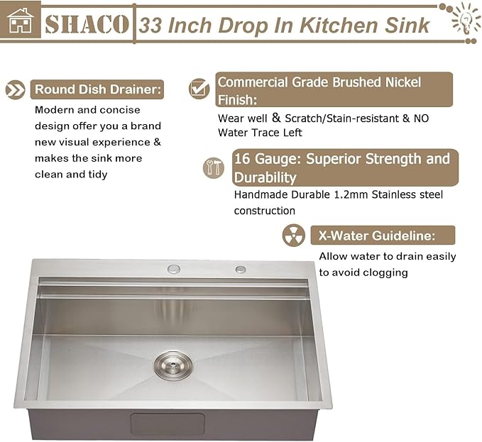 SHACO 33x22 Inch Drop In Kitchen Sink, 33 Inch All In One SUS304 Stainless Steel Top Mount Single Bowl Overmount Double Ledges Workstation Sink with Accessories, Brushed Nickel