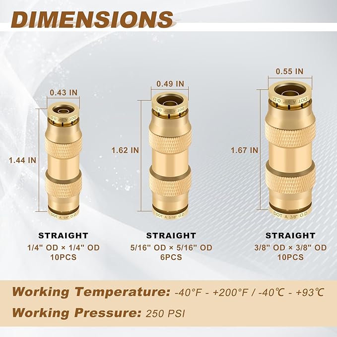 26pcs Quick Connect Brass DOT Air Line Fittings Straight Union 1/4” 3/8” 5/16” Tube Push to Connect Fittings Air Suspension Fitting Straight Air Brake Union Push Lock Pneumatic Air Hose Fitting