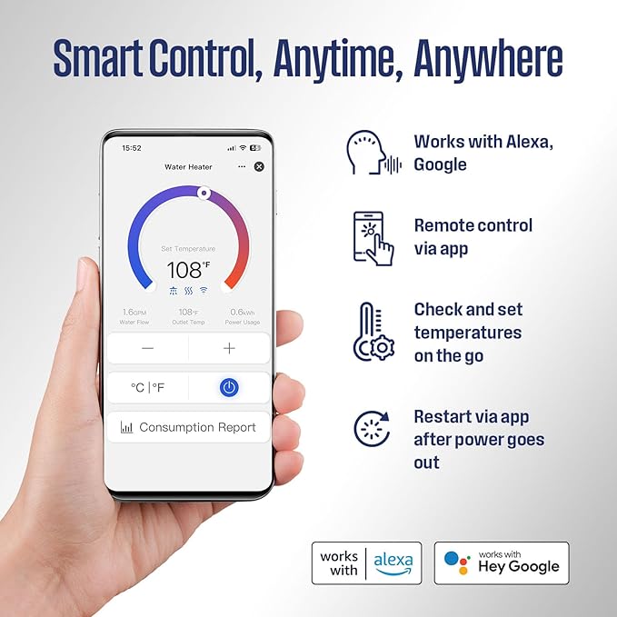 Westinghouse 24kW 240V Electric Tankless Water Heater, Instant Hot Water Heater, On Demand Hot Water, Smart WiFi Control, Works with Alexa & Google Home, ETL Certified, IPX4, Gray