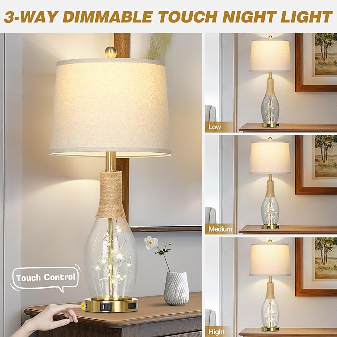 27.5" Coastal Glass Table Lamps Set of 2, Touch Control 3-Way Dimmable Modern Table Lamps with USB A+C Ports & AC Outlets, Farmhouse Rustic Boho Vintage Night Light for Living Room Bedroom Gold Ocean