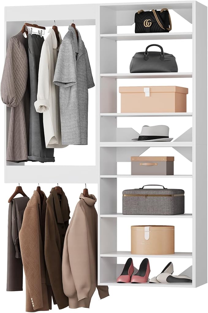Modular Closet Organizer, White 64" Wide Wardrobe Tower Storage System for Walk In Closets
