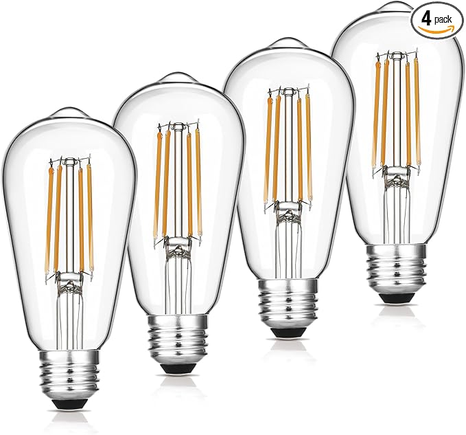 Vintage LED Edison Bulbs, 6W, Equivalent 60W, Dimmable, High Brightness Warm White 2700K, ST58 Antique LED Filament Bulbs with 90+ CRI, E26 Standard Base Light Bulbs, Clear Glass, Pack of 4