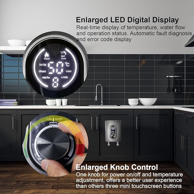 Under Sink Hot Water Heater 3.5kW 120V Hard-wired, LED Digital Display with Knob Control, Multiprotective, IPX4, 30-55℃ On Demand Mini Tankless Electric Water Heater for Kitchen, Bathroom Sink
