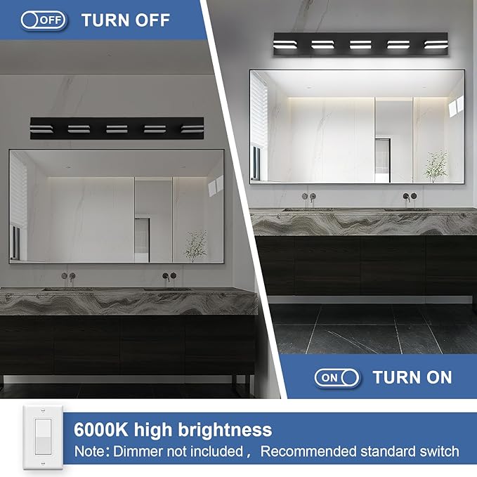 Modern LED Bathroom Lights Fixtures(5-Light),Metal Black Acrylic Wall Lighting,Vanity Lights for Bathroom Over Mirror(6000k 34In