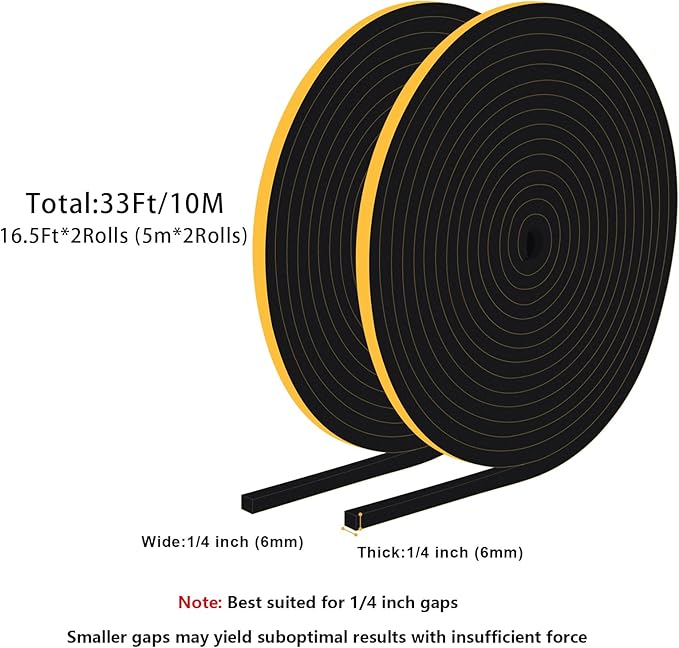 Door Weather Stripping for Doors and Windows, Self-Adhesive Foam Gasket Tape, Energy-Saving (1/4 in x 1/4 in x 33 Ft)