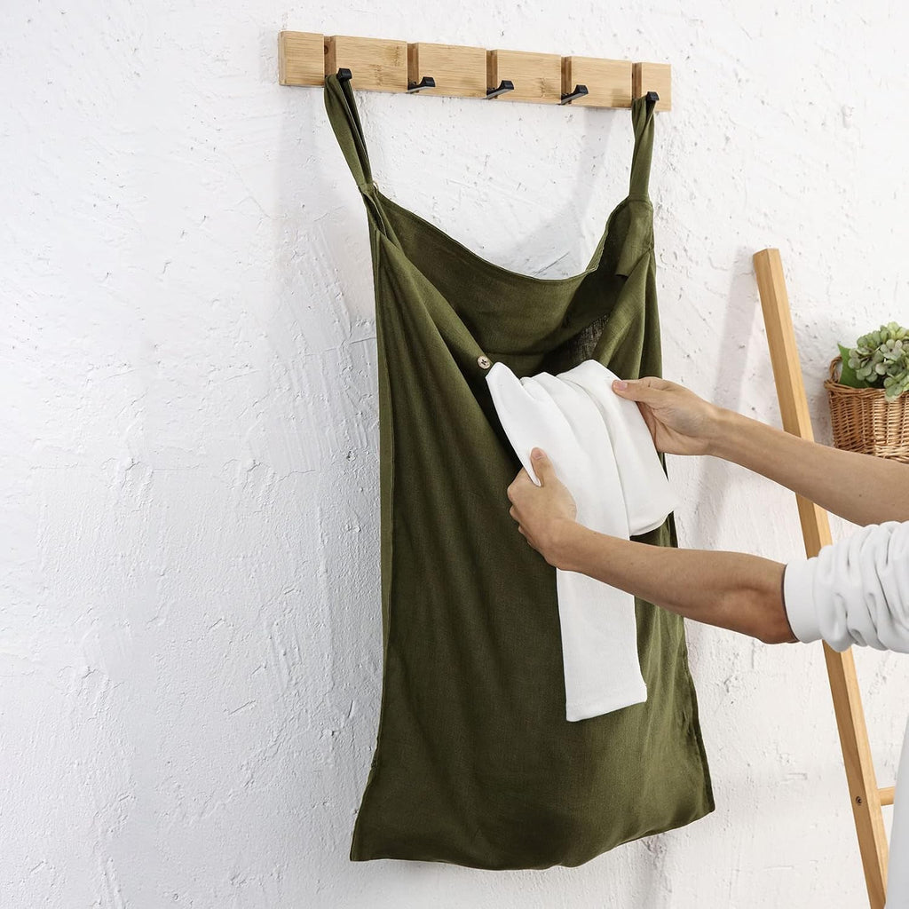 Linen Hanging Laundry Bag, 100% Linen Over The Door Laundry Hamper with Buttons and Zipper, Space Saving Door Hampers for Laundry Dirty Clothes Home Travel, Green