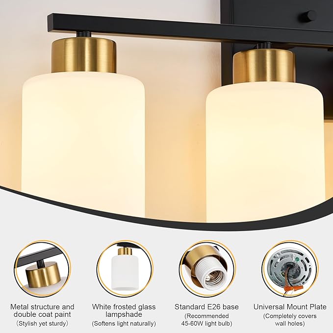 Black and Gold Bathroom Light Fixtures, 4-Light Modern Vanity Light Over Mirror, Wall Sconces with Milky White Frosted Glass Shades, E26 Socket (Bulbs Not Included)