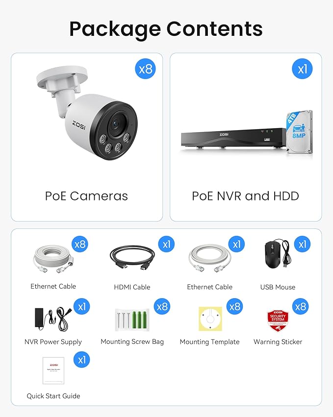 ZOSI 16CH 4K PoE Security Camera System,8pcs 8MP Outdoor Indoor Cameras,Person Vehicle Detection,People Counting,One-Way Audio,100ft Night Vision,16Port 32-Channel NVR with 4TB HDD for 24/7 Recording