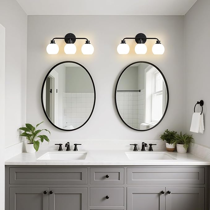 Bathroom Light Fixtures Black Vanity Light, 3 Light Wall Sconces Lighting Bathroom Lights with Milk Glass Shades, Bath Wall Lights Wall Lamp for Mirror, Kitchen, Living Room, Bedroom, Hallway
