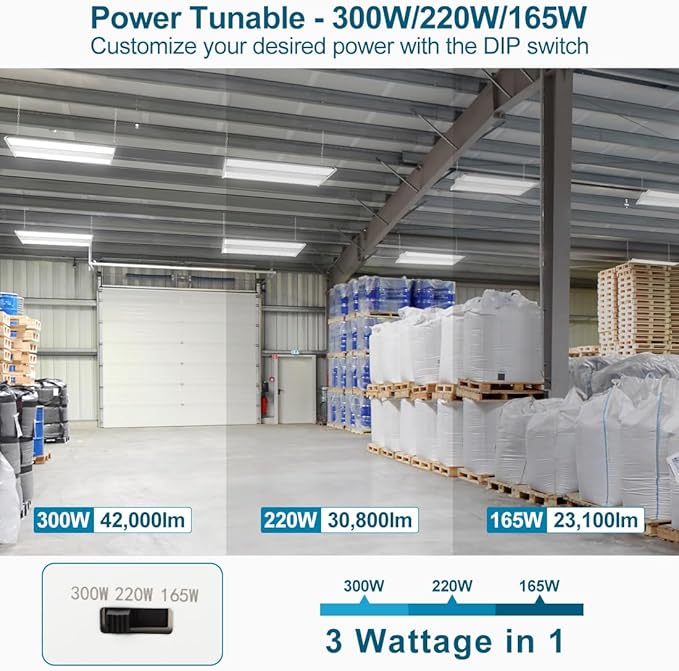 High Bay LED Shop Light 300W 42000LM 5000K 100-277V Dimmable, 3FT Commercial Grade Linear Bay Lights for Warehouse Workshop Supermarket Stadium, Power Tunable 300W/220W/165W, ETL 2 Pack
