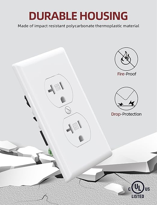 AIDA 20 Amps Outlets Duplex Electrical Receptacle Outlets,Tamper Resistant,Heavy-Duty Receptacle Wall Outlet,Residential,TR,3-Wire, Self-Grounding Clip, NEMA 5-20R,UL Listed (10 Pack, White)