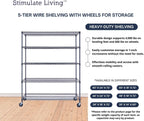 60"x18"x72" Prime Heavy Duty Black 5-Tier Wire Shelving NSF 4000 LBS MAX Capacity Storage Rack for Commercial, Hospital, School, Garage, and Kitchen Uses (with Wheels)