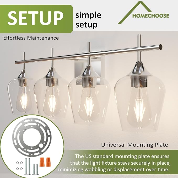 Vanity Bathroom Light, 4-Light Bathroom Light Fixtures Over Mirror, Silver Vanity Lights for Bathroom with Clear Glass, Modern Wall Lamp for Cabinet Hallway, Bedroom