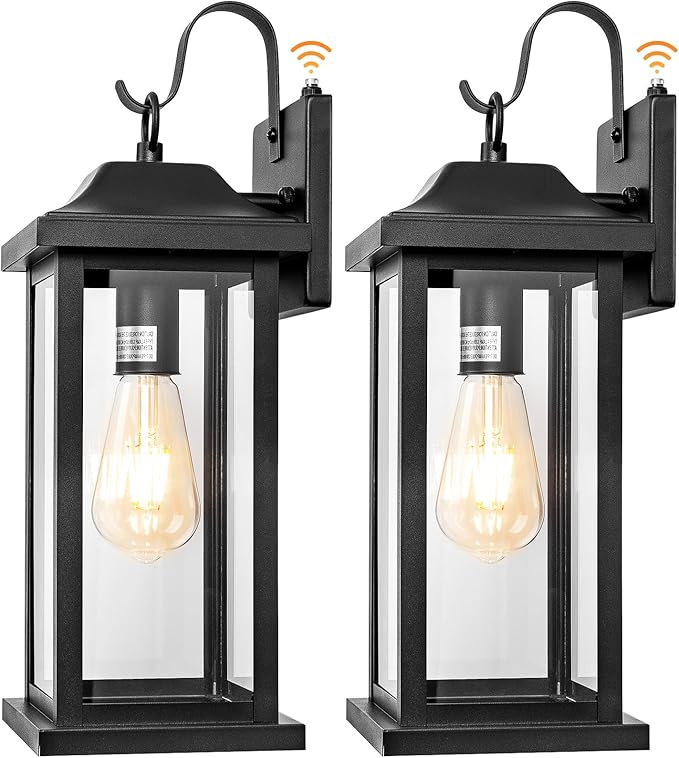 2-Pack Dusk to Dawn Large Outdoor Wall Lights 17 Inch, Exterior Light Fixtures Porch Lights Tempered Clear Glass, IP65 Waterproof Anti-Rust Outside Wall Sconces Matte Black Wall Lanterns