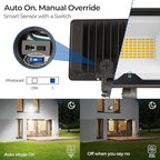 CINOTON 55W LED Flood Light 3CCT (3000K/4000K/5000K), 7700LM Dusk-to-Dawn Photocell Outdoor Security Lighting, 120V IP65 Aluminum Wall Pack for Porch/Barn, 180° Knuckle Mount, 2 Modes, ETL, 2 Pack