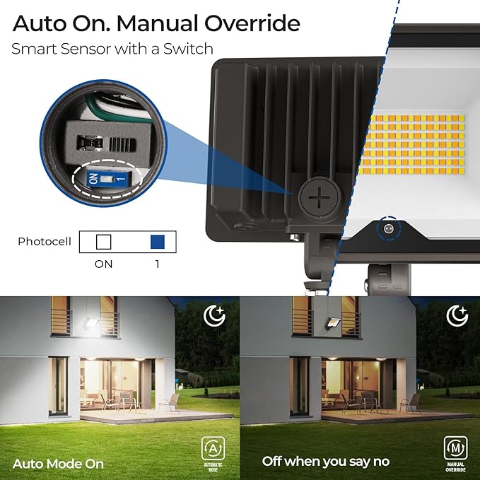 CINOTON 55W LED Flood Light 3CCT (3000K/4000K/5000K), 7700LM Dusk-to-Dawn Photocell Outdoor Security Lighting, 120V IP65 Aluminum Wall Pack for Porch/Barn, 180° Knuckle Mount, 2 Modes, ETL, 1 Pack