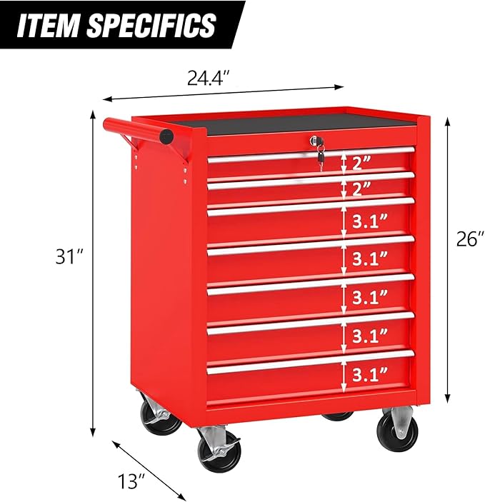7-Drawer Rolling Tool Chest w/Drawers & Lock, Tool Storage Cabinet with Lockable Wheels, Top Cushion & Drawer Liners, Tool Organizer Box for Garage, Warehouse & Repair Sho