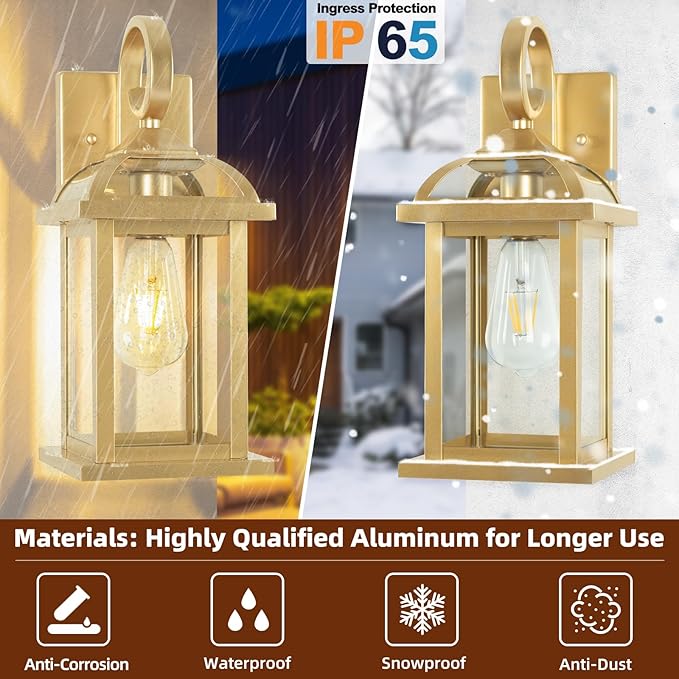 Gold Outdoor Wall Lights 2-Pack 15 Inch, Aluminum Anti-Rust Large Exterior Porch Wall Lanterns with IP65 Waterproof Clear Glass Brass Outdoor Lights Wall Mount Exterior Lights for House