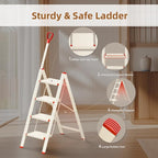 ASPERALD 4 Step Ladder with Single-Handrail,Foldable Step Stool with Anti-Slip Wide Pedals for Home Kitchen Closet, Step Ladder 4 Step Folding White