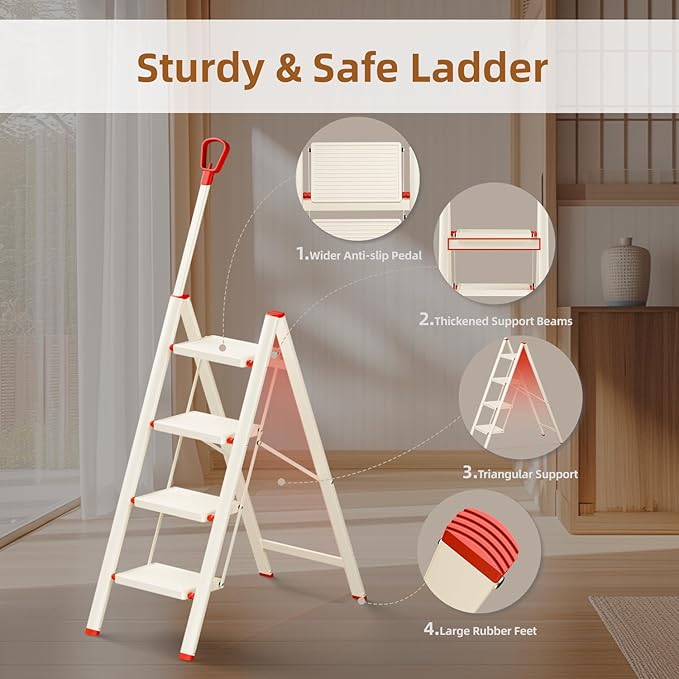ASPERALD 4 Step Ladder with Single-Handrail,Foldable Step Stool with Anti-Slip Wide Pedals for Home Kitchen Closet, Step Ladder 4 Step Folding White