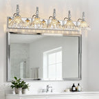 Vintage Bathroom Vanity Light, 5-Light Chrome Vanity Lighting Fixture with Flower Glass Shade, Bathroom Lighting Fixtures Over Mirror