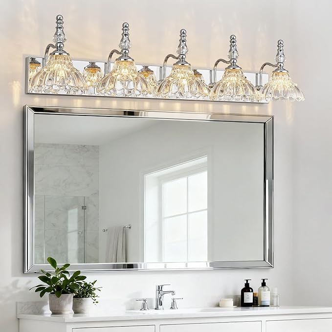 Vintage Bathroom Vanity Light, 5-Light Chrome Vanity Lighting Fixture with Flower Glass Shade, Bathroom Lighting Fixtures Over Mirror
