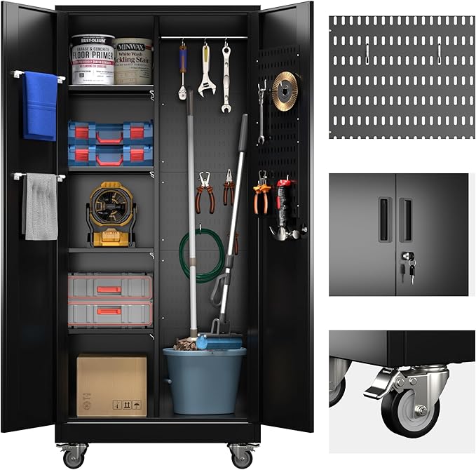 Garage Storage Cabinet with Wheels and 5 Pegboard, Broom Closet Storage Cabinet with Hanging Rod and 13 Hooks, Metal Cabinets with 4 Shelves for Garage, Home, 71"H x 31.5"W x 15.75"D, Black