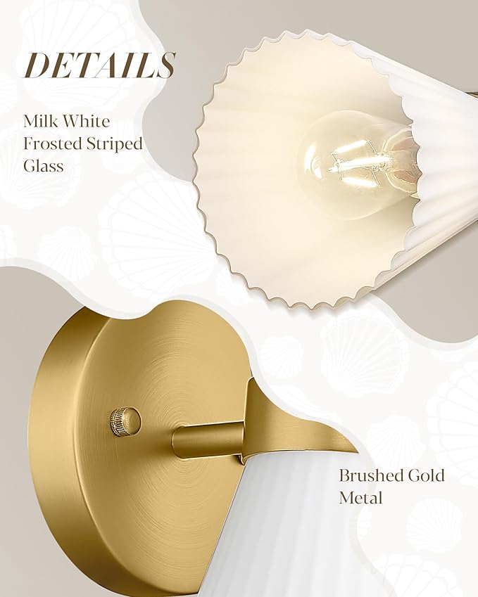 Modern Wall Sconce Set of 2, HWH 2-Light Up Down Wall Light Indoor Vanity Wall Lamp, Brushed Gold Bathroom Vanity Sconce Frosted White Striped Glass Shade, 5HZG97B-2W-2PK BG