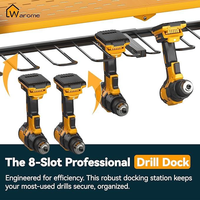 Warome Garage Power Tool Organizer with 8-Outlet Power Strip, Tool Storage Rack Wall Mount with 8 Cordless Drill Holders, Tool Organization Shelf with Charging Station in Yellow