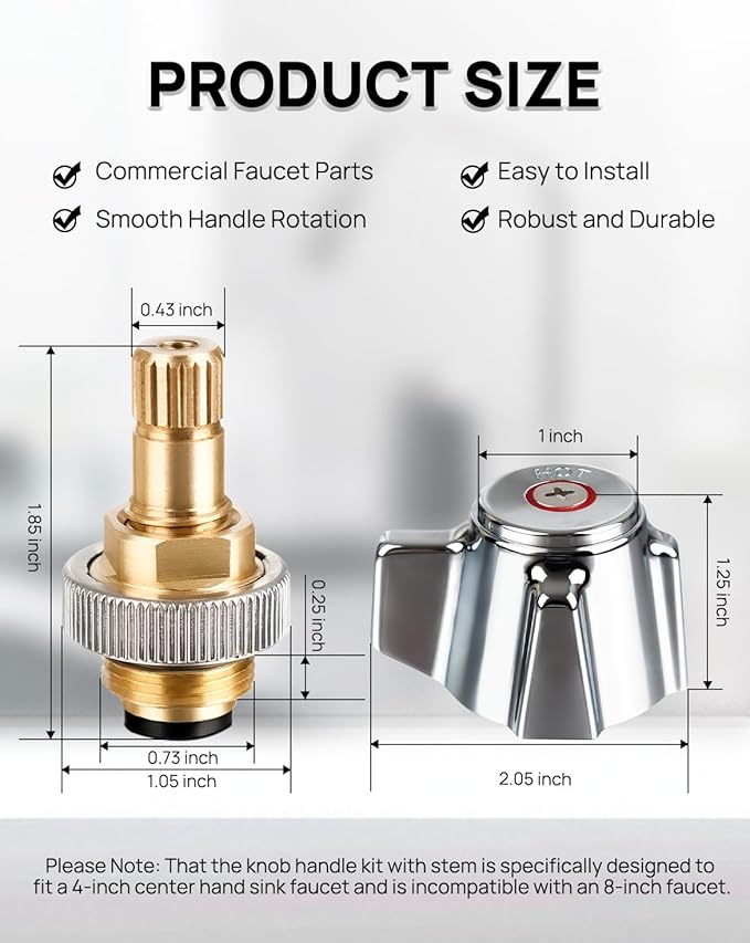 4" Brass Faucet Handle Cartridge Replacement Stem Assembly Faucet Valves Hot and Cold Knob Handle Kit with Stem for Kitchen & Bathroom Knob Handles