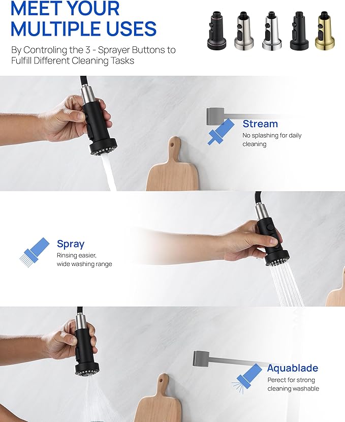 J-HVA Pull Down Kitchen Faucet Sprayer Head Replacement Part, 3 Function with 15 Adapters Pull Out Sink Sprayer Replacement Nozzle, Kitchen Faucet Head Hose Spray Tap Spout, Matte Black